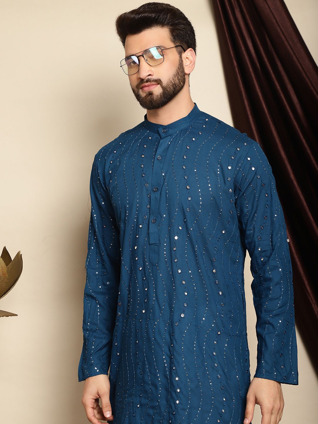 Anouk Teal Blue Mandarin Collar Sequinned Pure Cotton Straight Kurta with Pyjamas