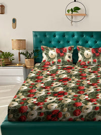 KLOTTHE Hijau & Merah Bercetak Bunga Flat 300 TC Cadar 7D King Dengan 2 Sarung Bantal