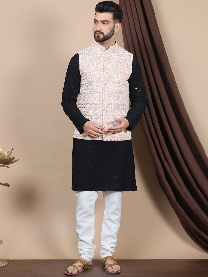 Anouk Black Floral Embroidered Pure Cotton Straight Kurta & Churidar & Nehru Jacket