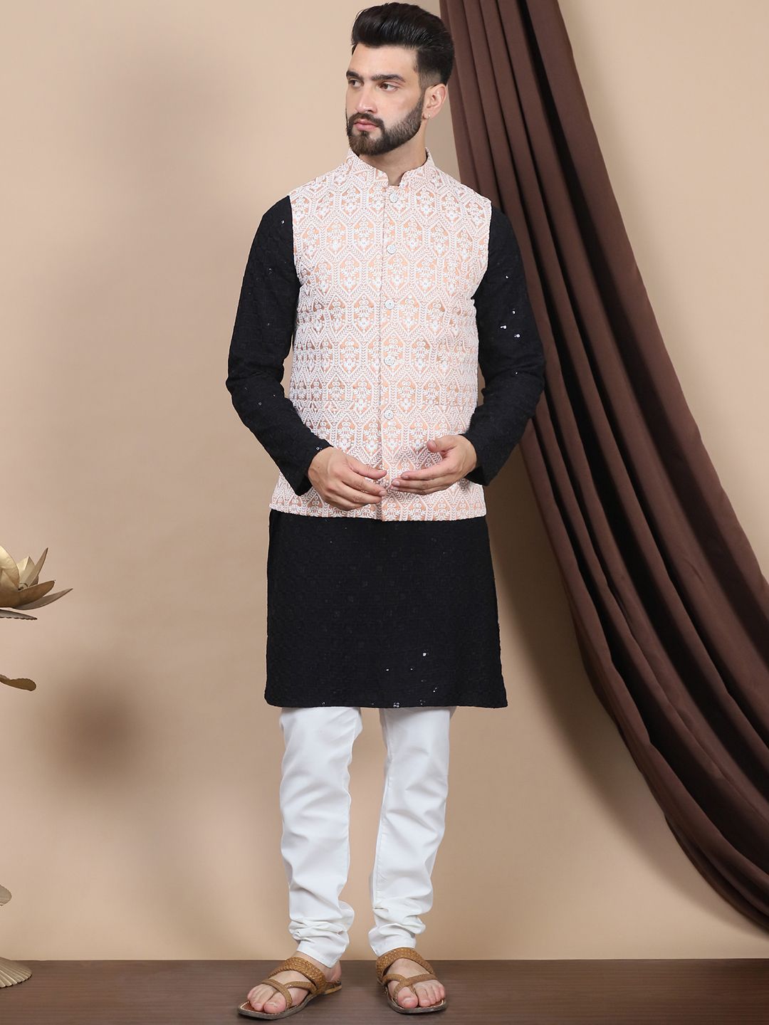 Anouk Black Floral Embroidered Pure Cotton Straight Kurta & Churidar & Nehru Jacket