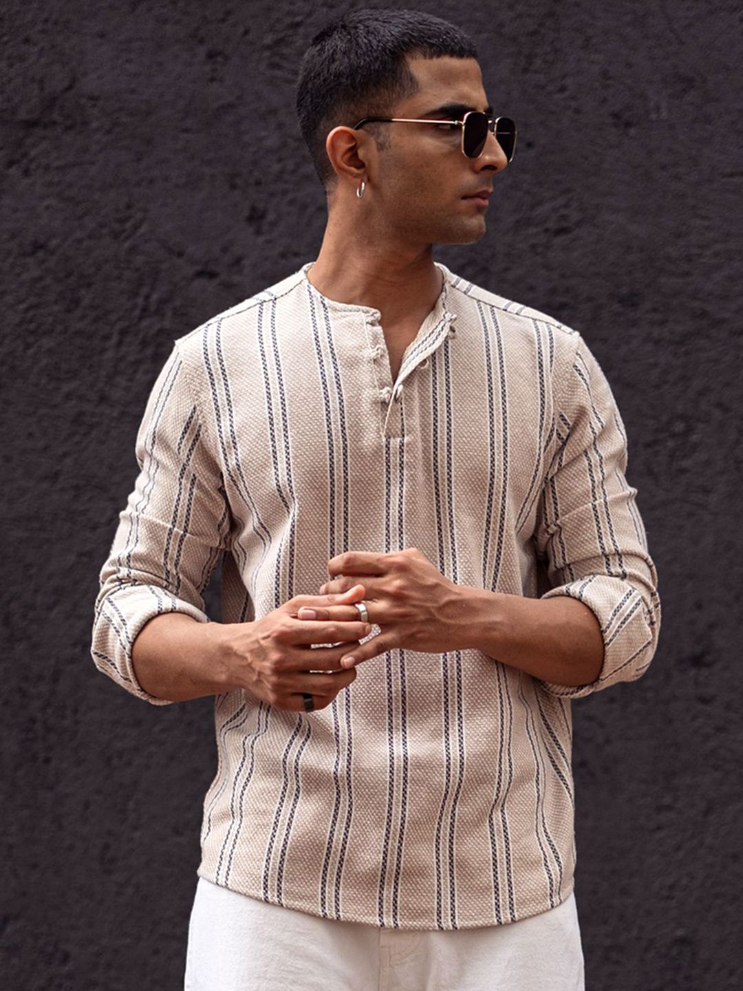 Powerlook Men Collarless Vertical Striped Cotton Casual Shirt