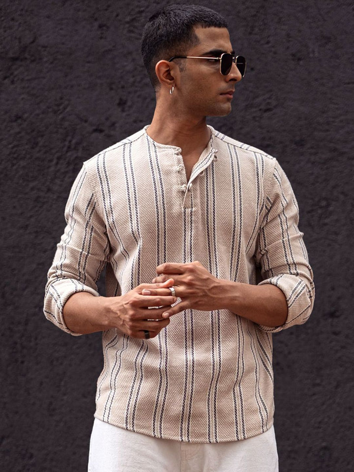 Powerlook Men Collarless Vertical Striped Cotton Casual Shirt