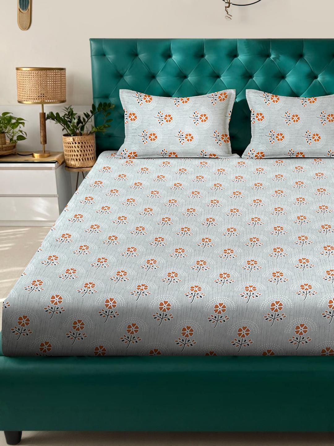 KLOTTHE Grey Floral Pure Cotton 400 TC King Fine Bedsheet dengan 2 Sarung Bantal-98 x 89 inci