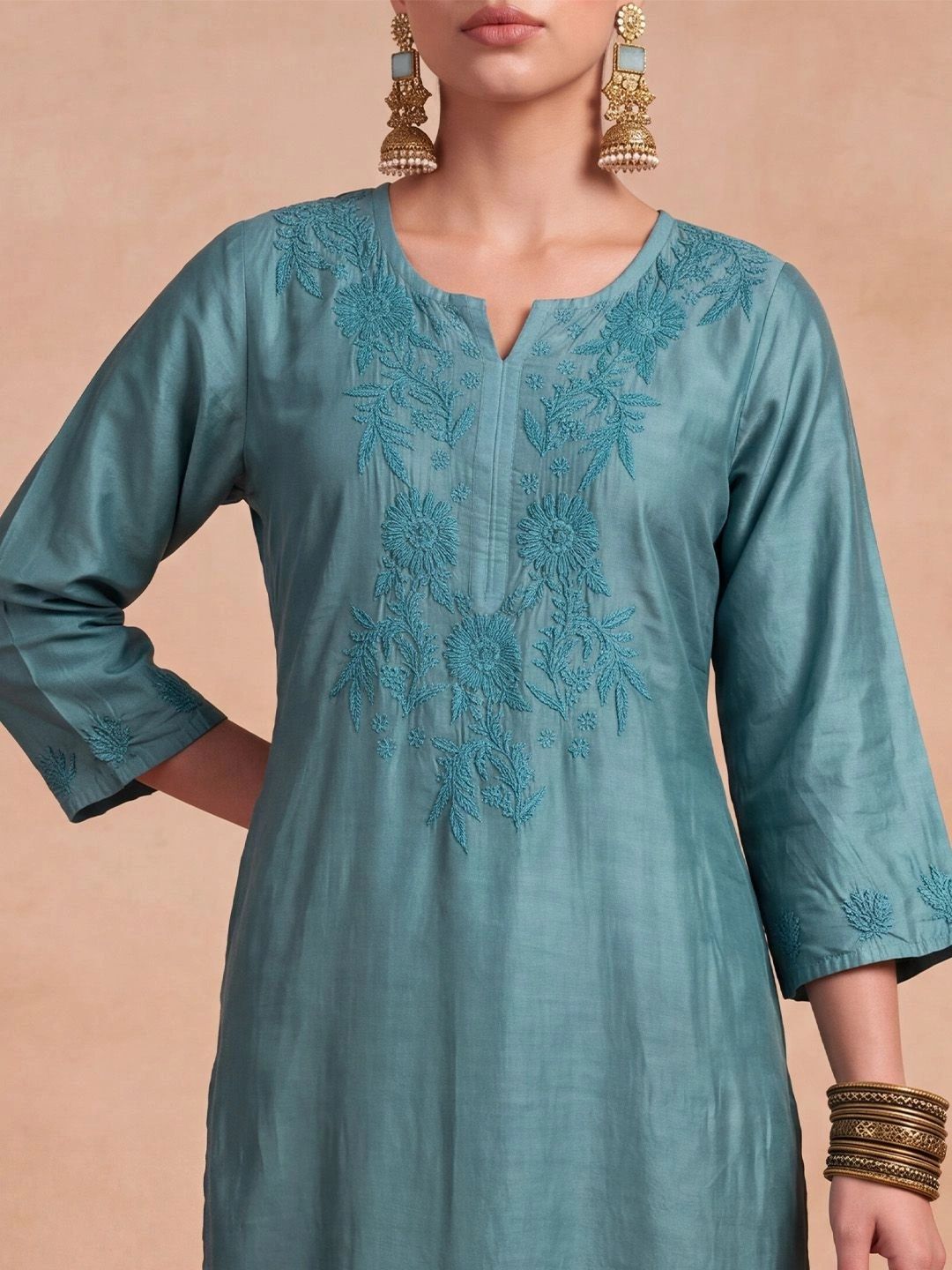 Rumah Wanita Chikankari Berhias Benang Kerja Chanderi Sutera Kurta