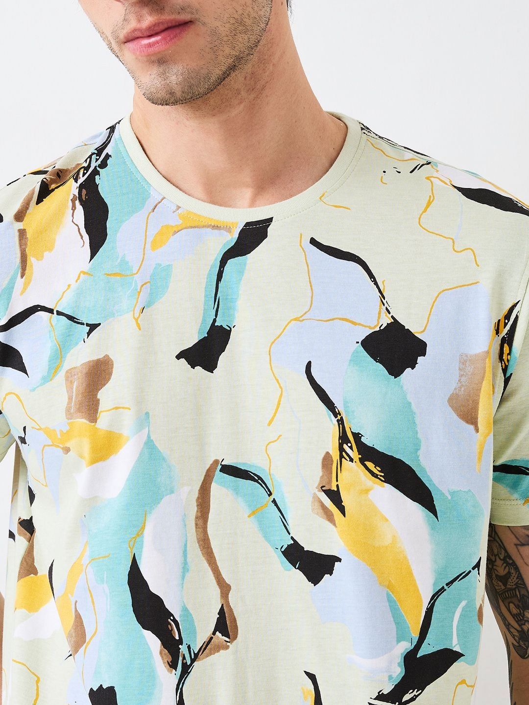 SPYKAR Men Abstract Printed Round Neck Cotton Slim Fit T-shirt