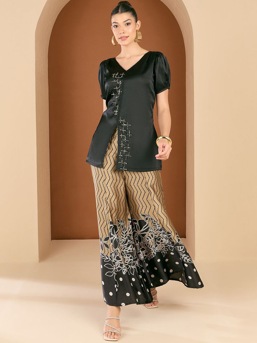 Antheaa Embellished V-Neck Top With Palazzos Co-Ords