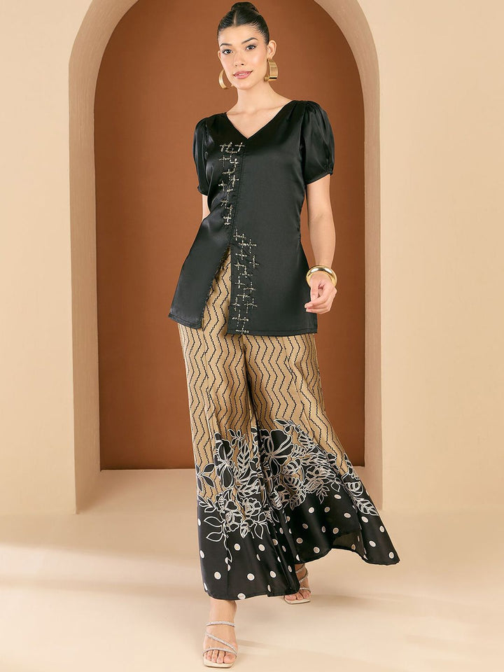 Antheaa Embellished V-Neck Top With Palazzos Co-Ords