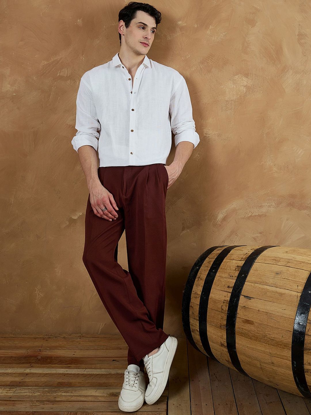 DENNISON Men Relaxed Baggy Mid-Rise Easy Wash Pleated Korean Pants Trousers