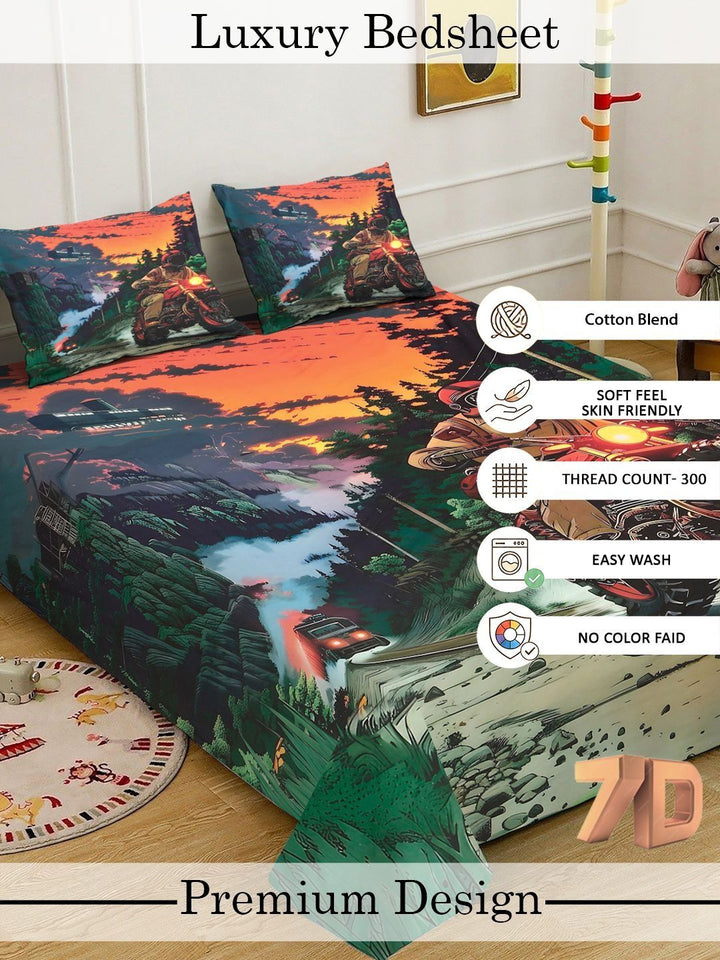 Myntra Elegant Homes Green Graphic 300 TC King Bedsheet with 2 Pillow Covers
