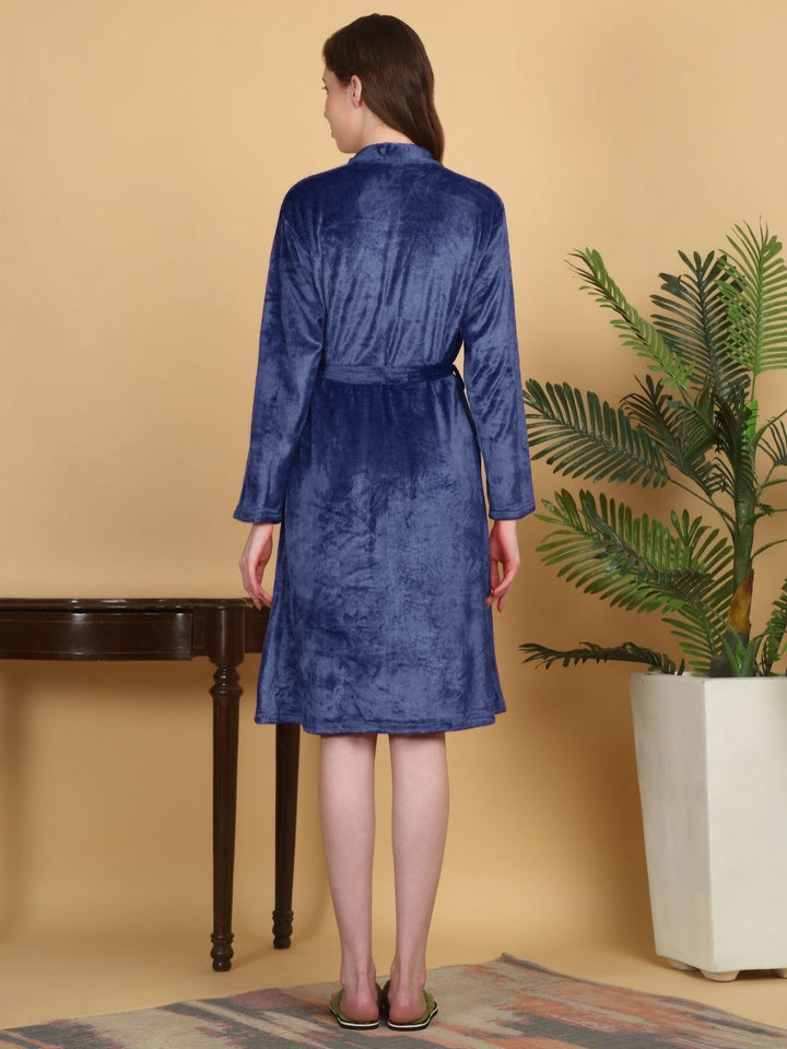 KLOTTHE Blue Woollen Full Sleeves Bath Robe With Belt