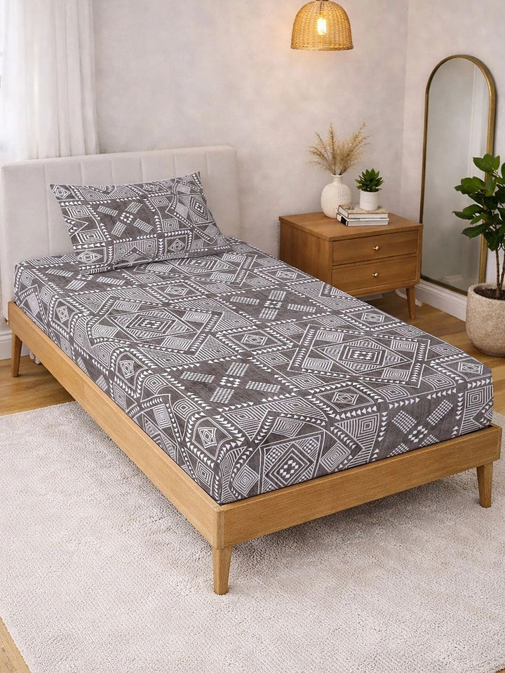 Myntra Elegant Homes Brown & White Geometric 300 TC Single Bedsheet with 1 Pillow Covers