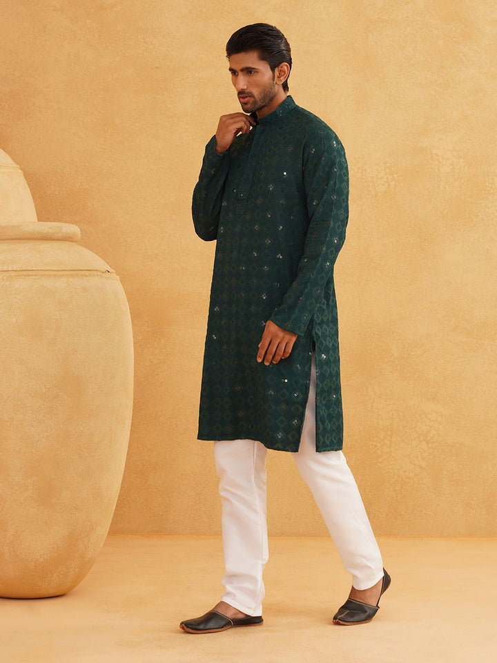 SOJANYA Ethnic Motifs Embroidered Mandarin Collar Sequinned Pure Cotton Straight Kurta