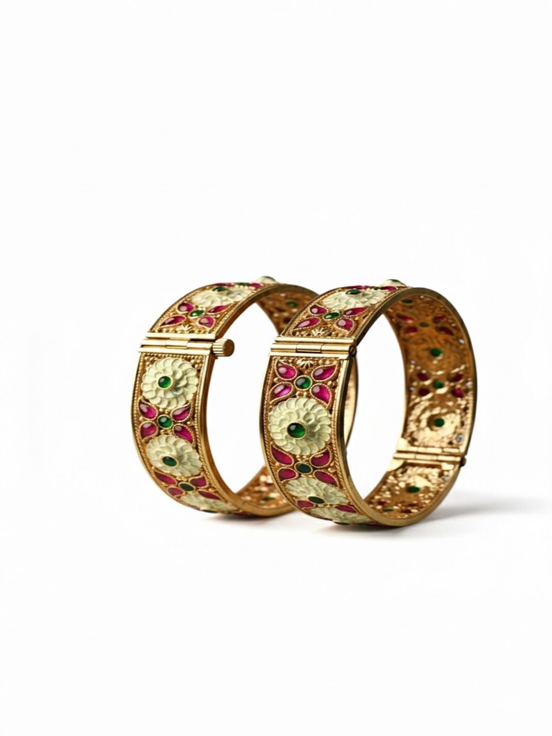 PANASH Set Of 2 24KT Gold-Plated Ruby & Emerald Stones Studded Flower Shaped Bangles