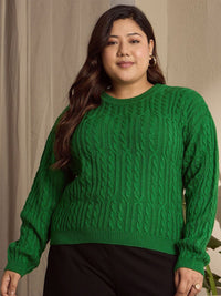 Berrylush Curve Women Plus Size Cable Knit Round Neck Pullover Sweater