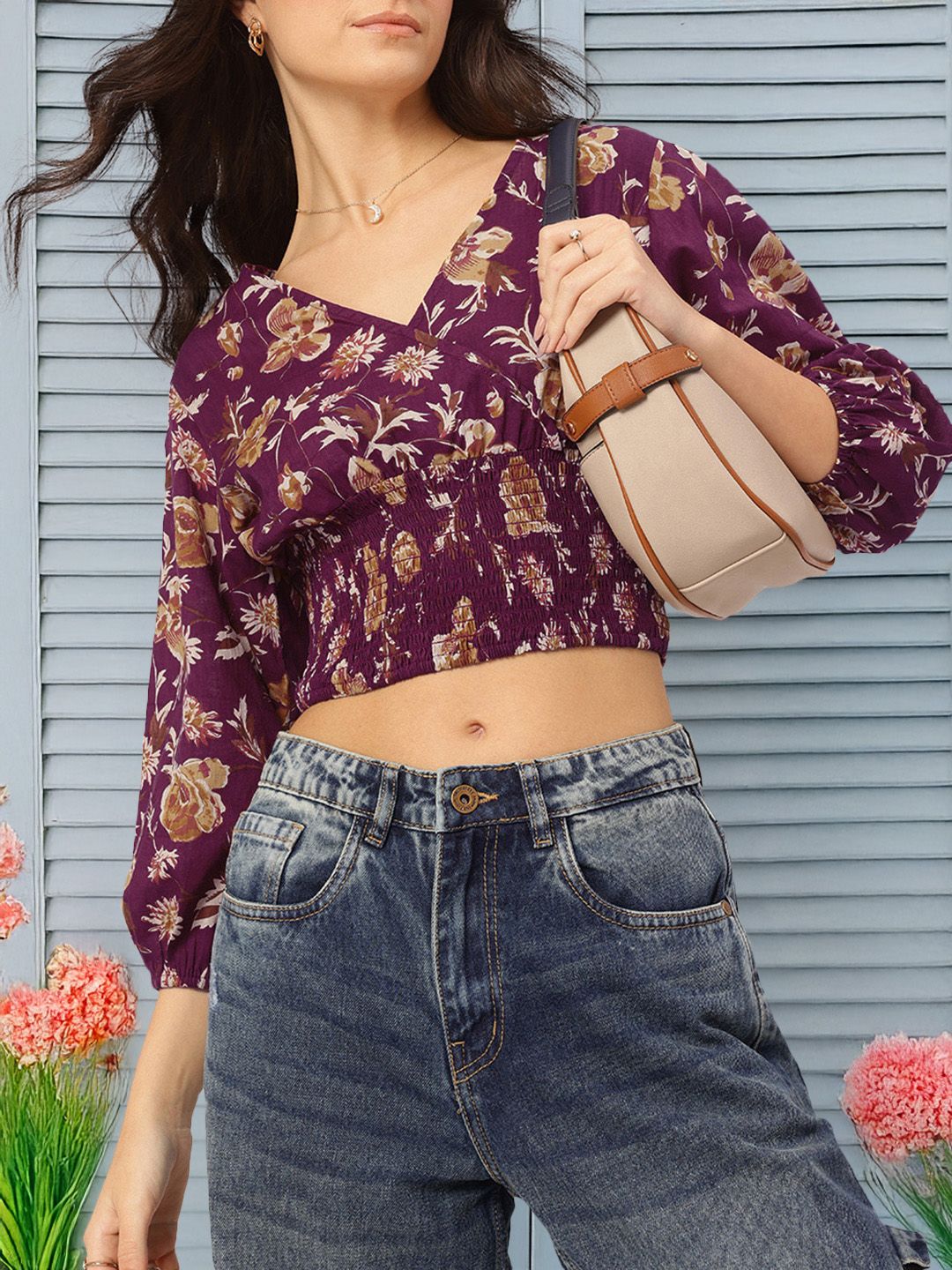 DressBerry Delicate Florals Wrap-Style Blouson Crop Top