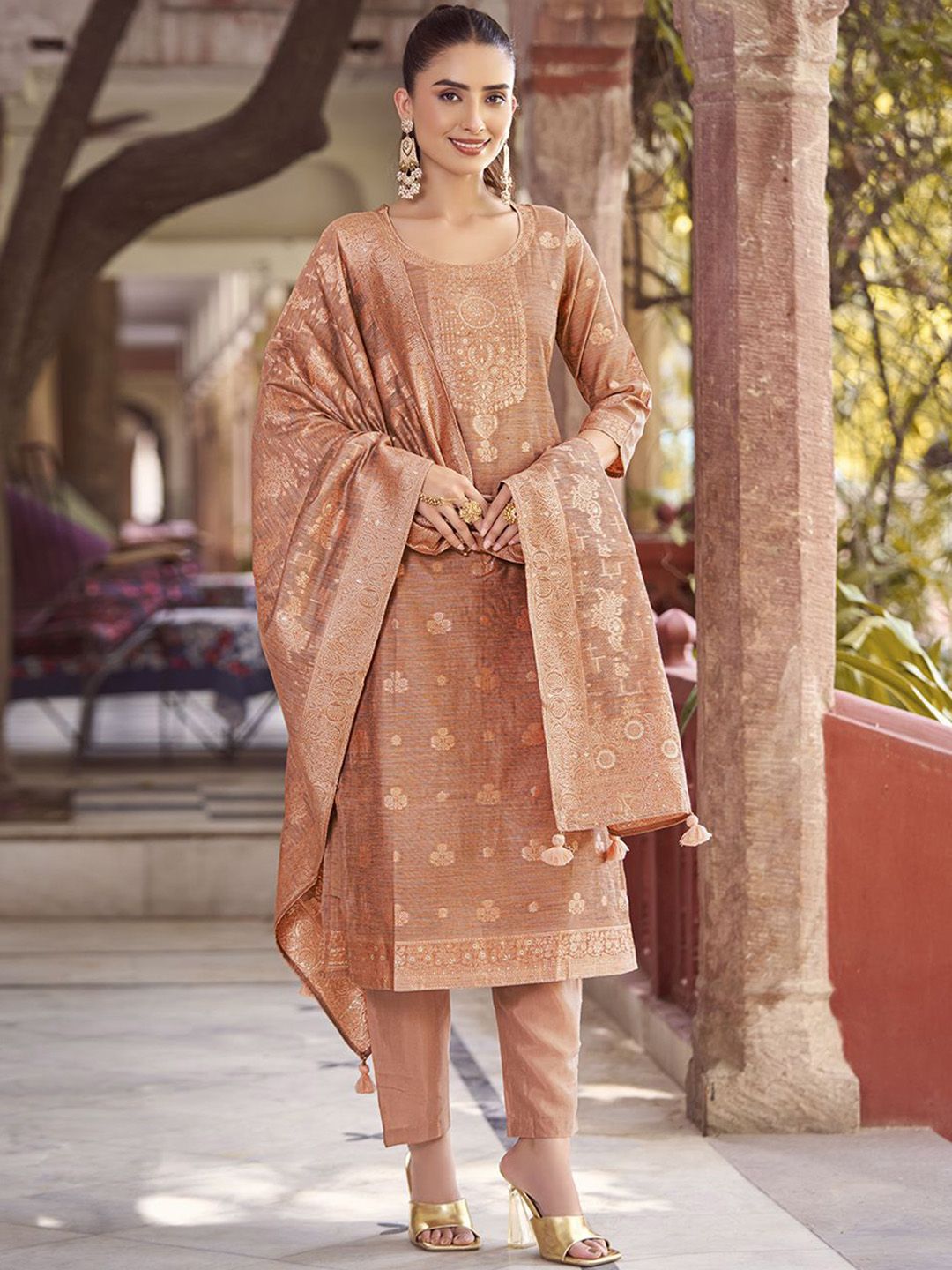 KALINI Women Woven Straight Silk Blend Kurta with Trousers & With Dupatta
