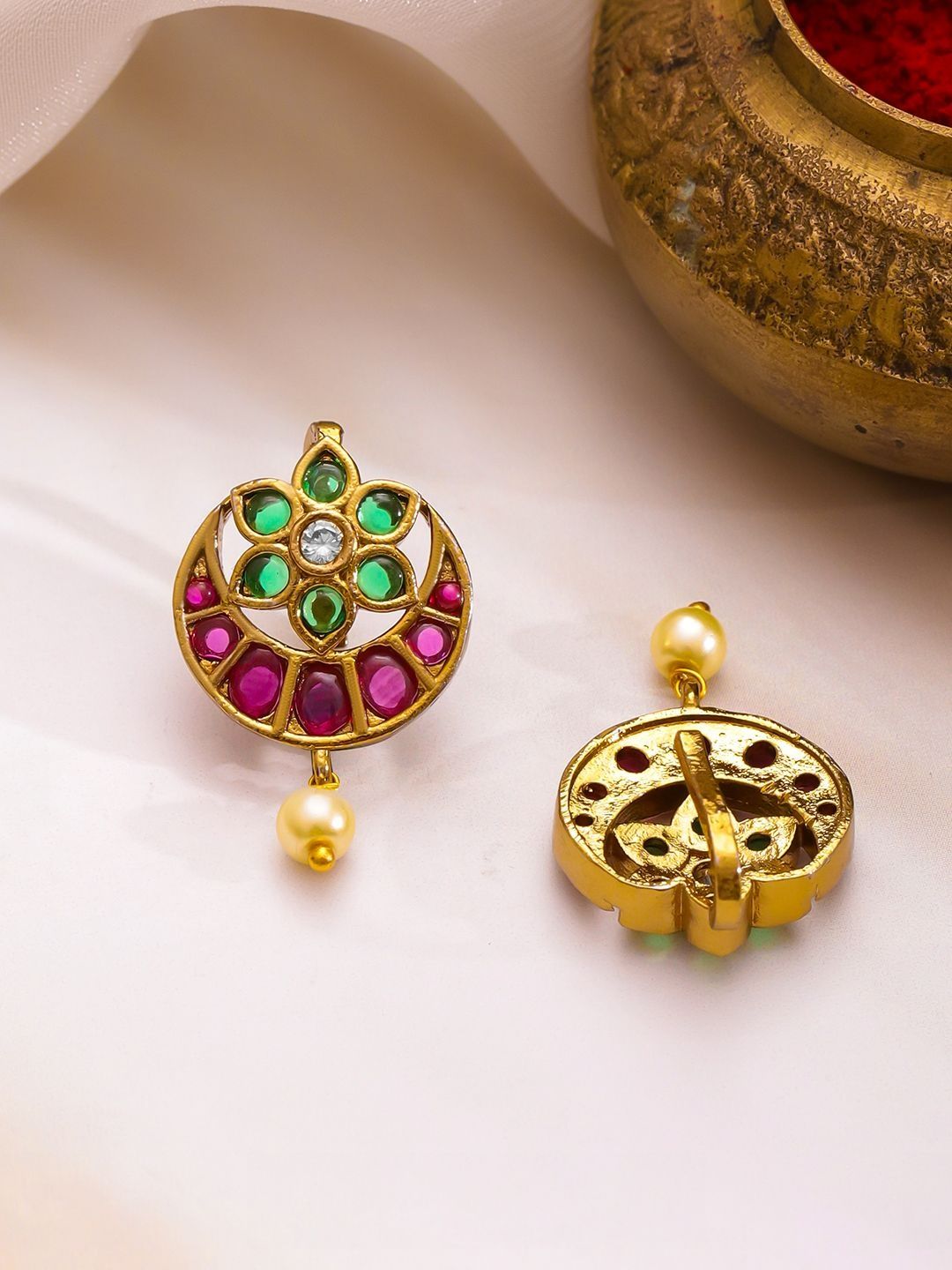 Rubans 22k Gold-Plated Stones Stone & Pearls Beaded Floral Shaped Drop anting-anting