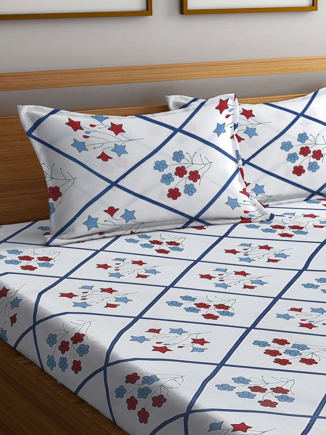 Myntra Elegant Homes All Seasons White Floral Cotton 300 TC Fitted King Cadar Tempat Tidur Halus dengan 2 Sarung Bantal-98 x 89 inci