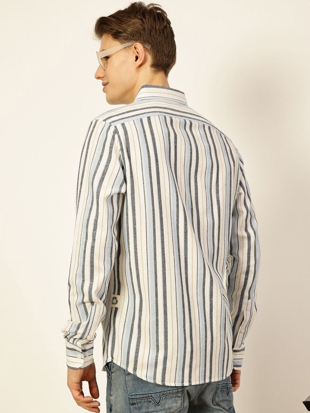 Thomas Scott Men Premium Button-Down Collar Vertical Striped Cotton Slim Fit Casual Shirt