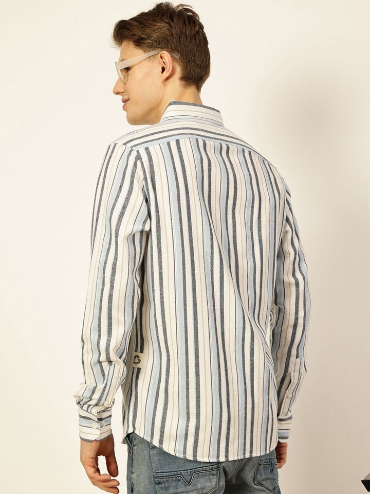 Thomas Scott Men Premium Button-Down Collar Vertical Striped Cotton Slim Fit Casual Shirt