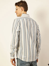 Thomas Scott Men Premium Button-Down Collar Vertical Striped Cotton Slim Fit Casual Shirt