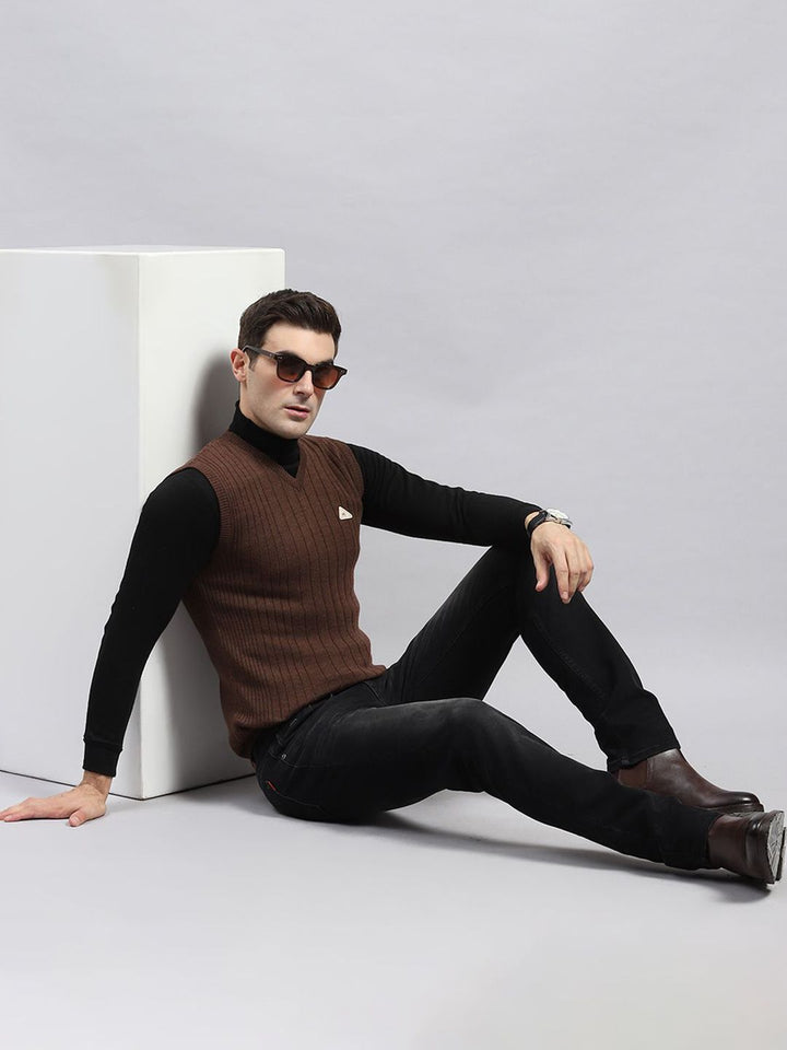 Monte Carlo Men Striped V-Neck Sleeveless Woollen Pullover