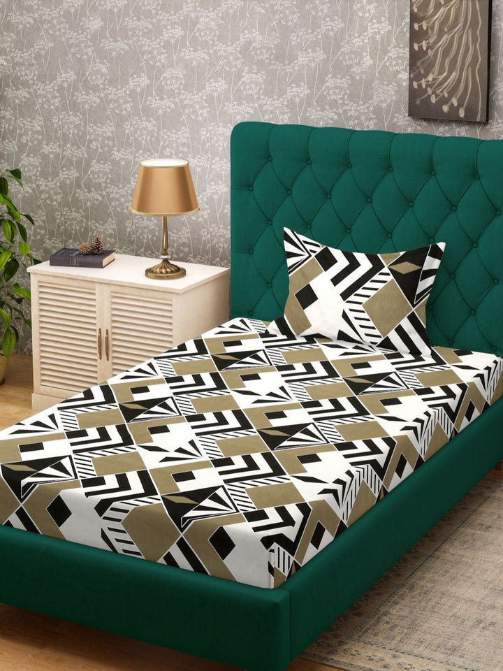 KLOTTHE Putih Elegan Kapas Geometrik 300 TC Cadar Halus Tunggal dengan Sarung Bantal-225 x 150 cm