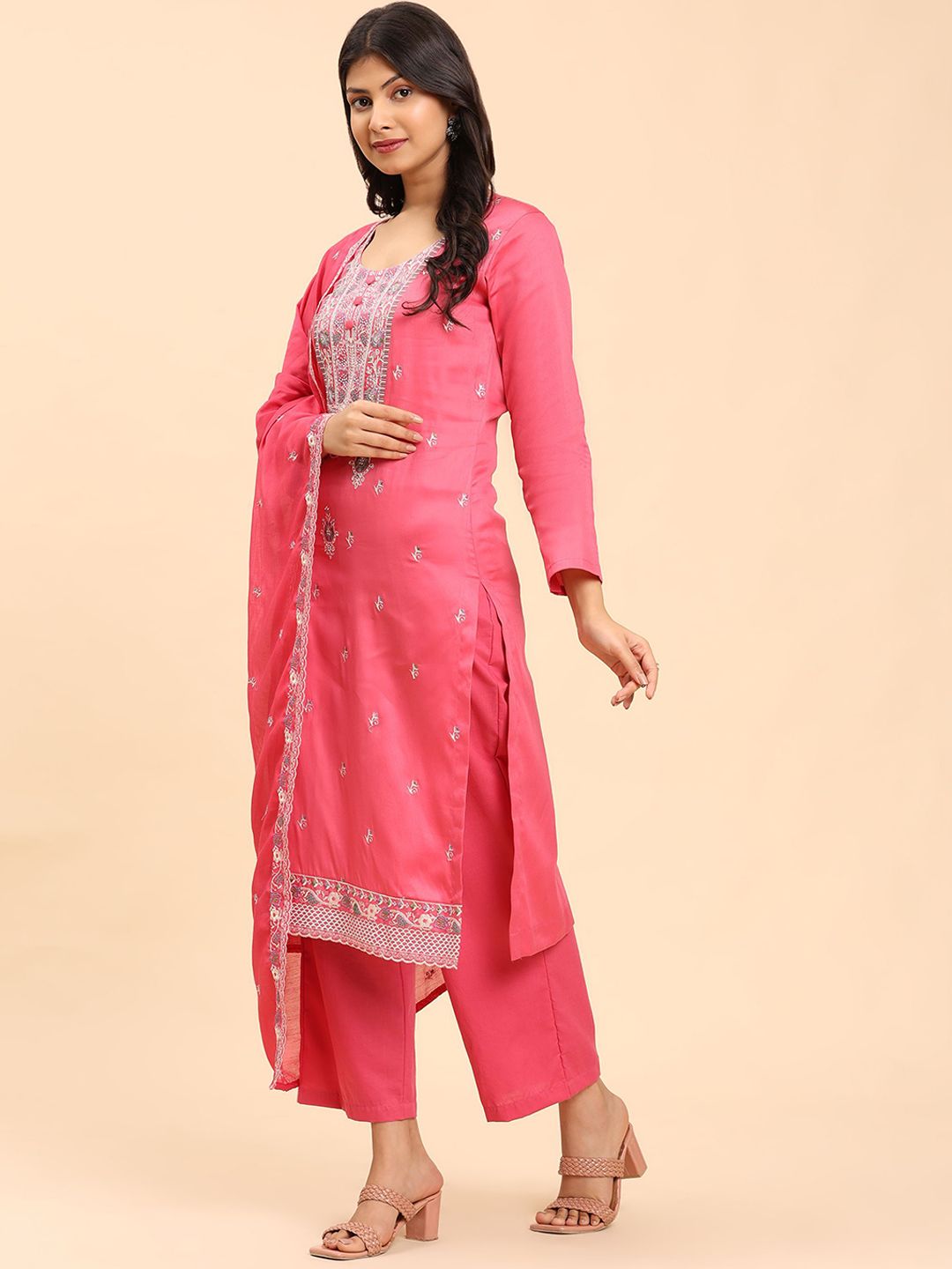 Mamicha Women Floral Embroidered Regular Pure Cotton Kurta with Palazzos & With Dupatta