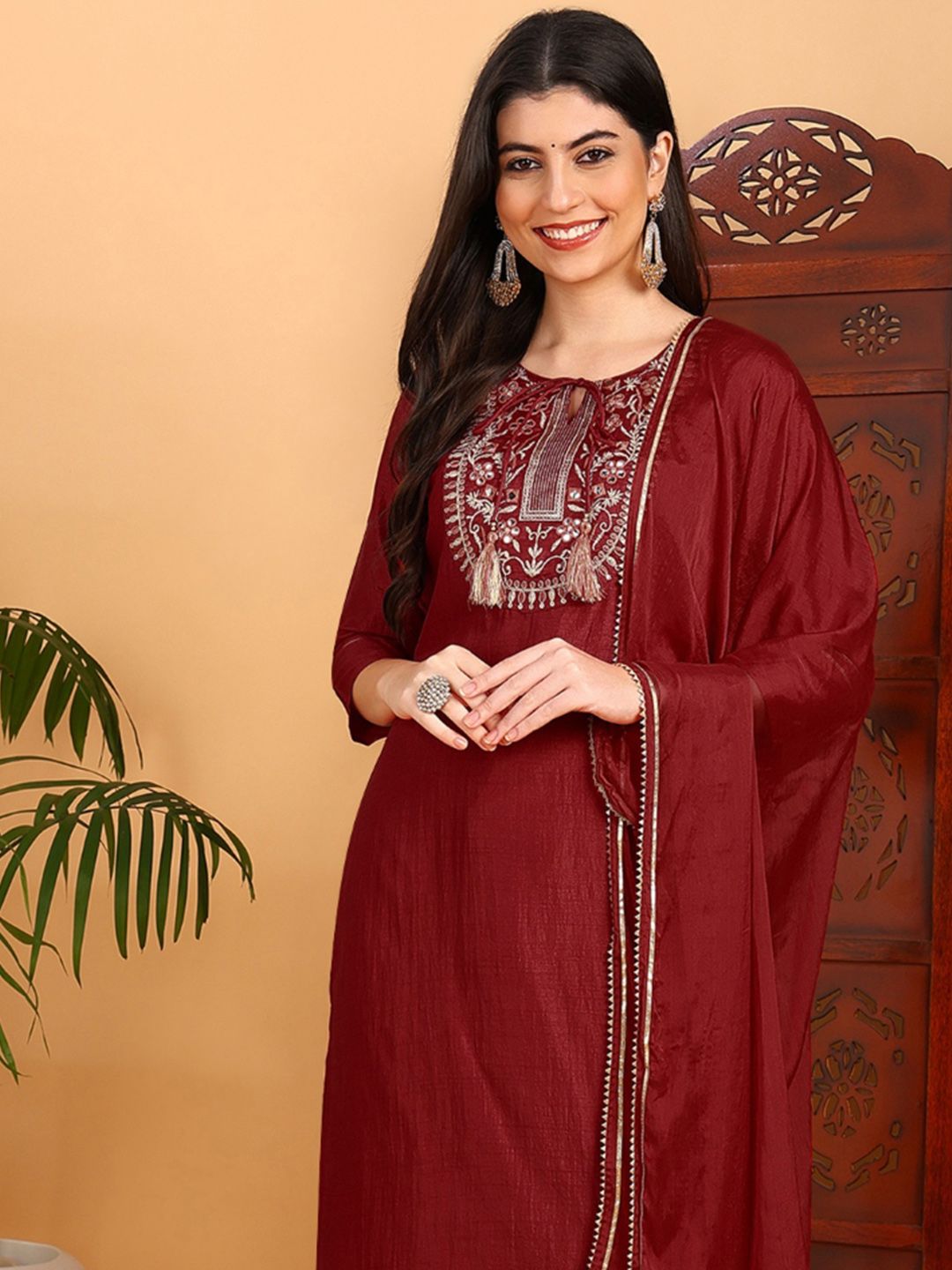 KALINI Ethnic Motifs Yoke Design Mirror Work Straight Kurta & Trousers With Dupatta