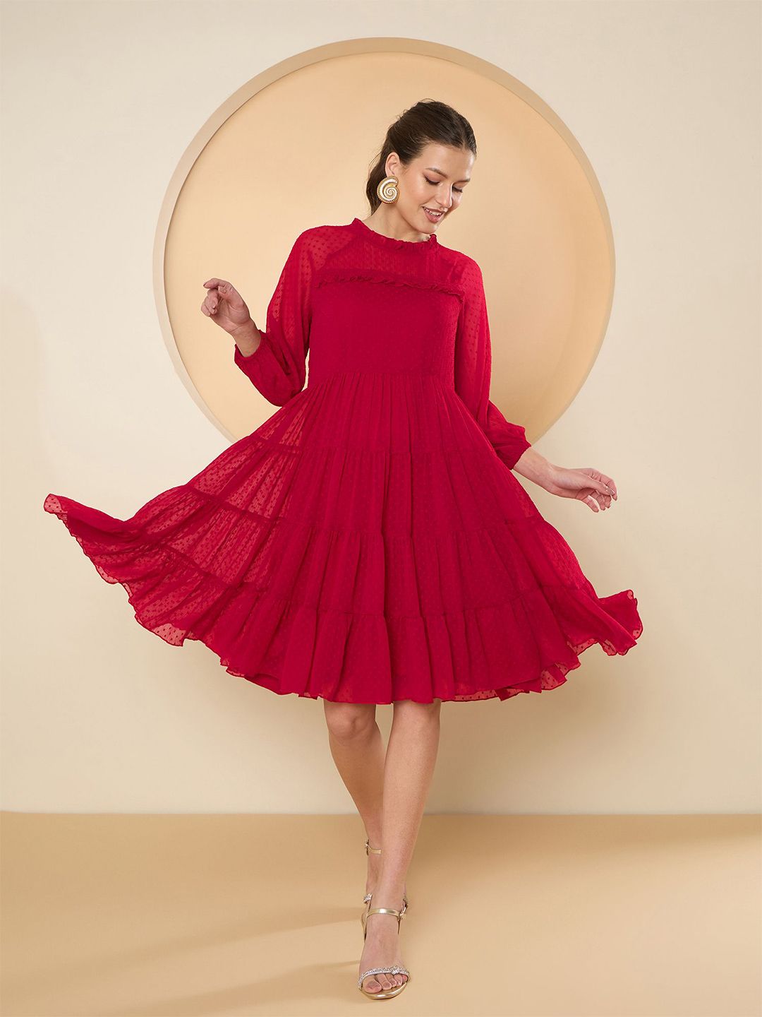 Antheaa Flared Sleeve Chiffon Fit & Flare Dress