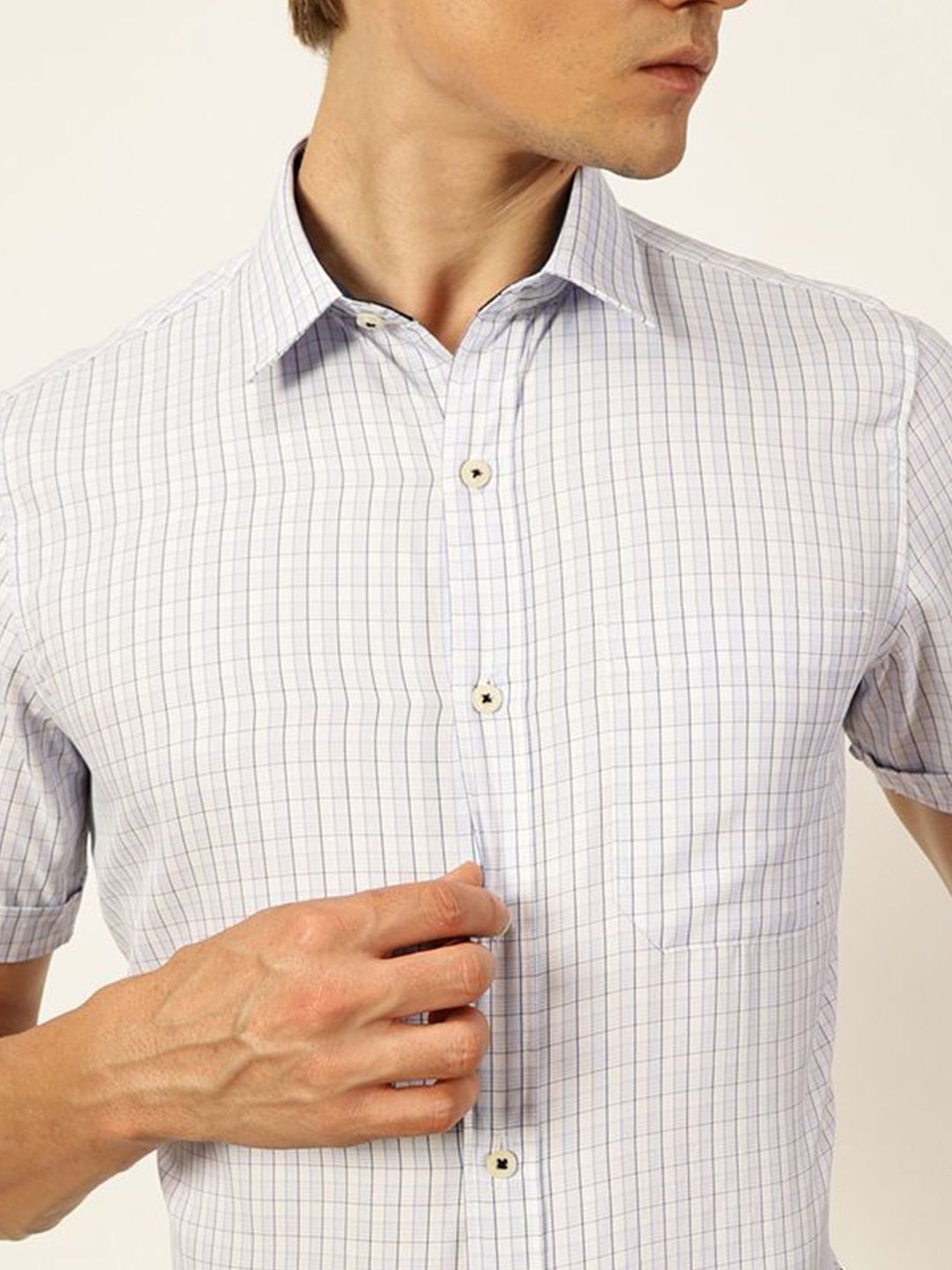 Thomas Scott Men Smart Spread Collar Gingham Checked Cotton Formal Shirt