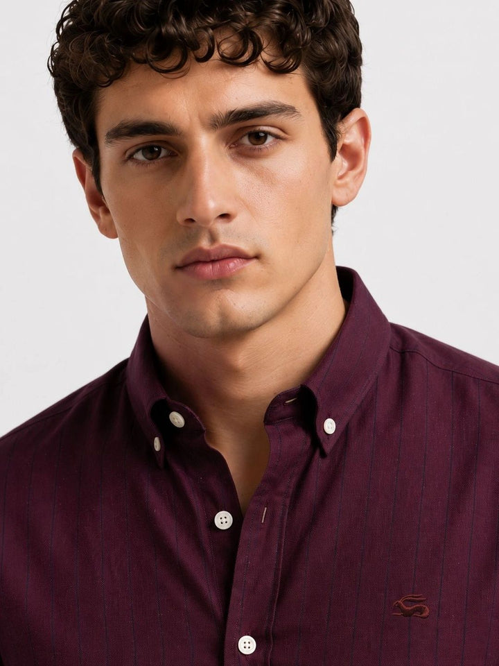 ADRO Men Maroon Striped Regular Fit Casual Cotton Shirt