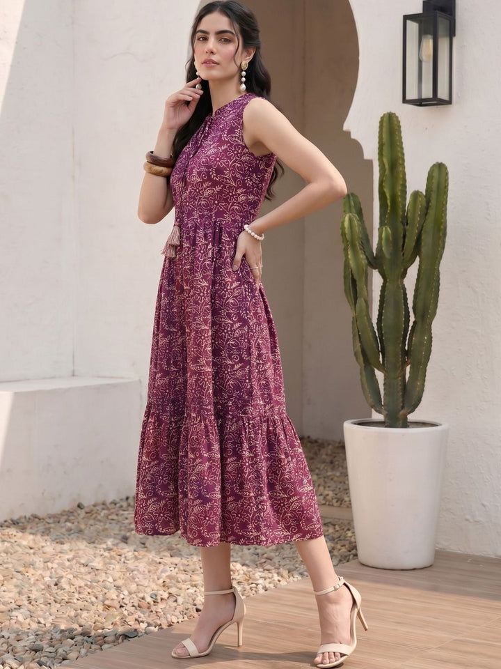 Mamicha Floral Print Tie-Up Neck Crepe A-Line Midi Dress
