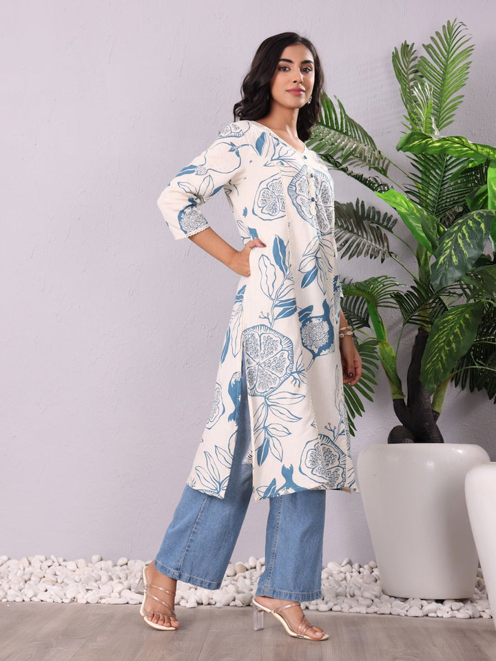 Varanga Floral Printed V-Neck Sequinned Panelled Cotton A-Line Kurta