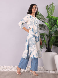 Varanga Floral Printed V-Neck Sequinned Panelled Cotton A-Line Kurta
