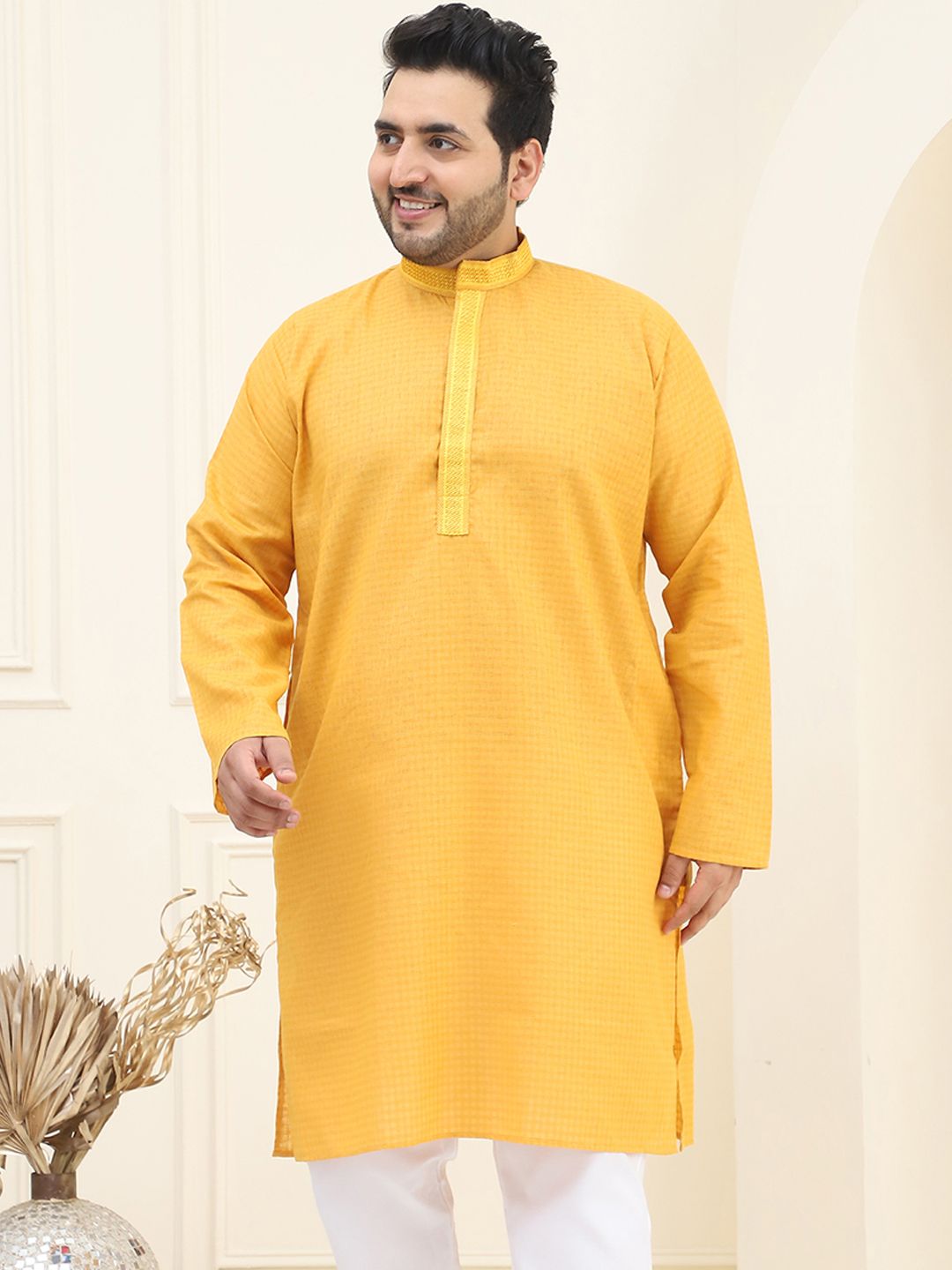 SOJANYA PLUS Kurta Kapas Lurus Rekaan Tenunan Berkolar Mandarin