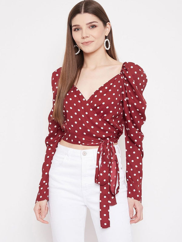 Berrylush Polka Dot Print Puff Sleeve Wrap Crop Top