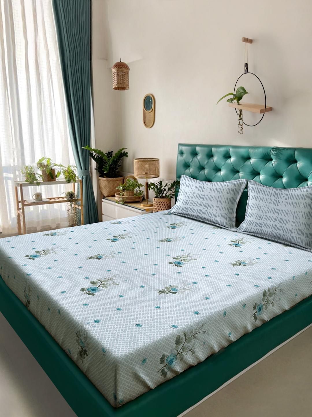 KLOTTHE Grey & Green Floral Printed Cotton 400 TC King Bedsheet Sets 2.5 m x 2.25 m