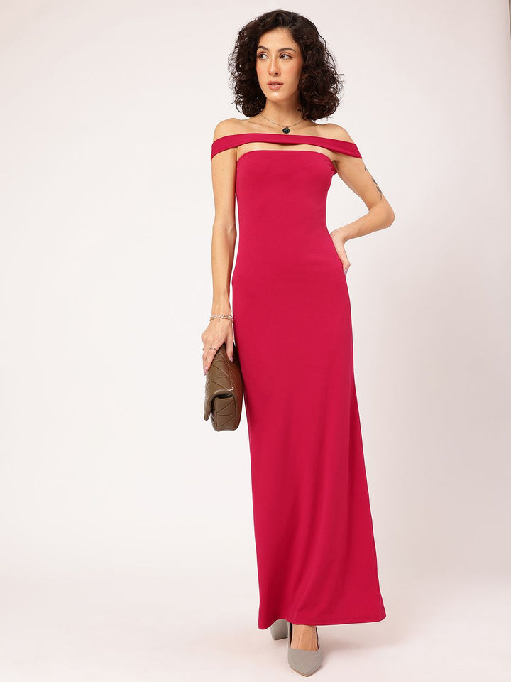 DressBerry Glamour Glint Off-Shoulder Maxi Sheath Dress with Back Slit