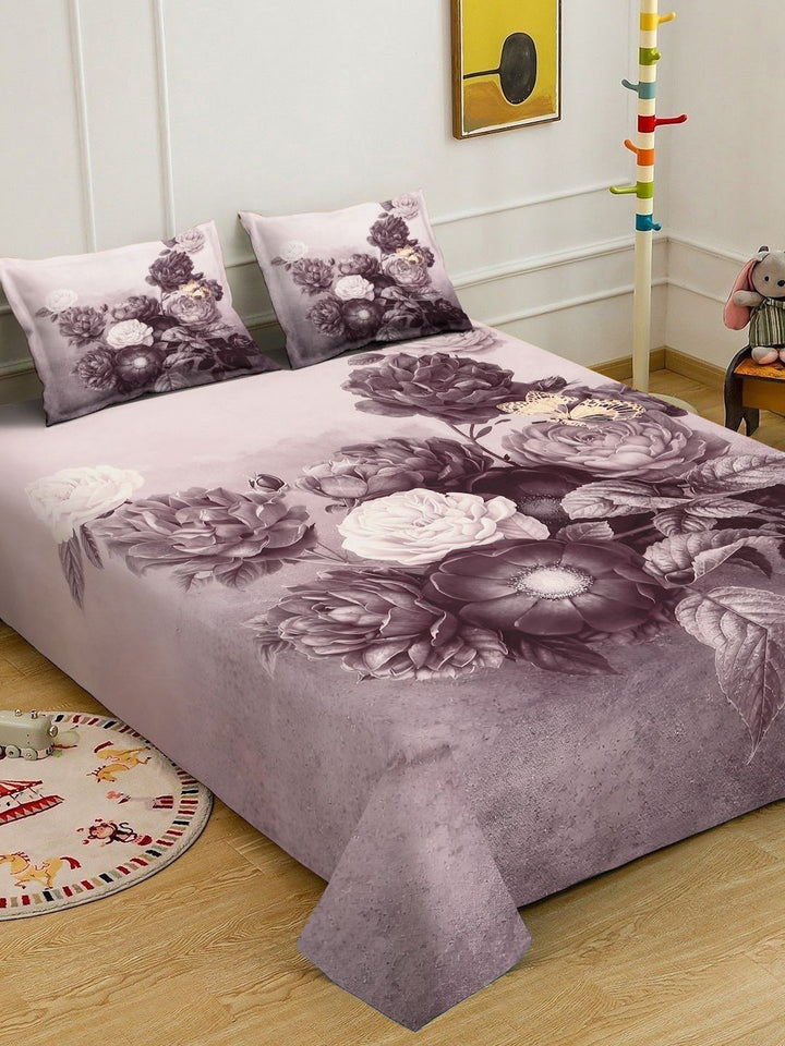 KLOTTHE White & Purple Floral Printed Flat 300 TC King Fine Bedsheet With 2 Pillow Cover