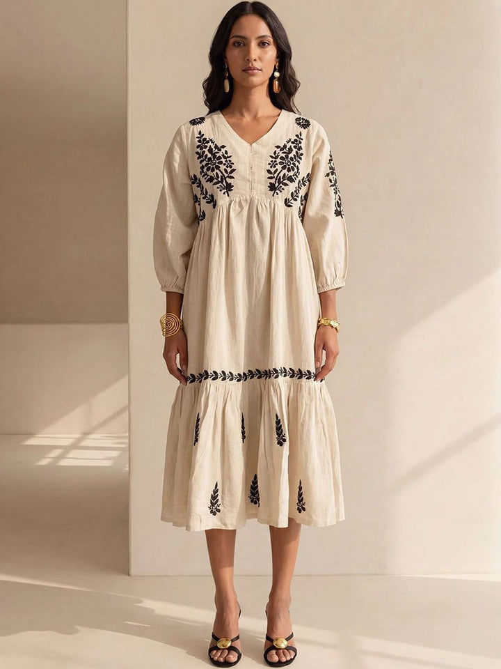 House of Chikankari Floral Embroidered A-Line Midi Dress