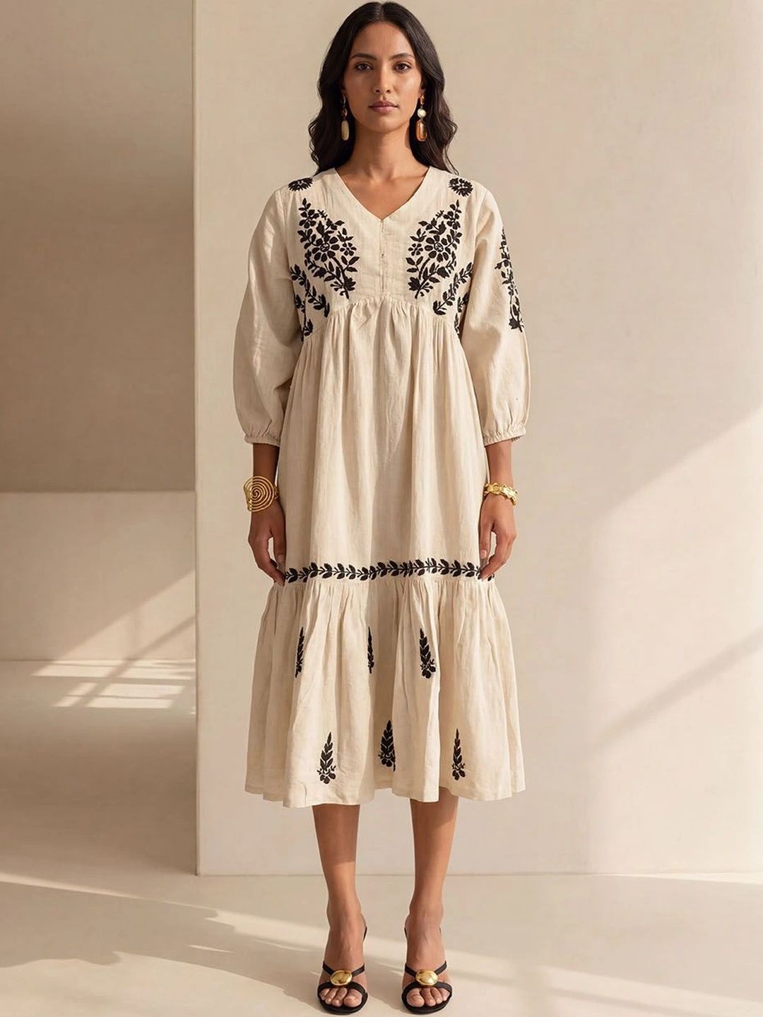 House of Chikankari Floral Embroidered A-Line Midi Dress