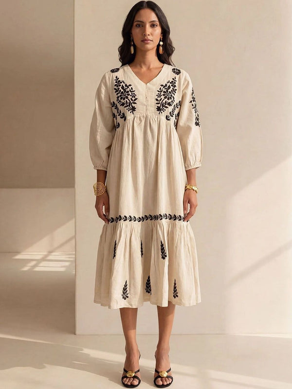 House of Chikankari Floral Embroidered A-Line Midi Dress