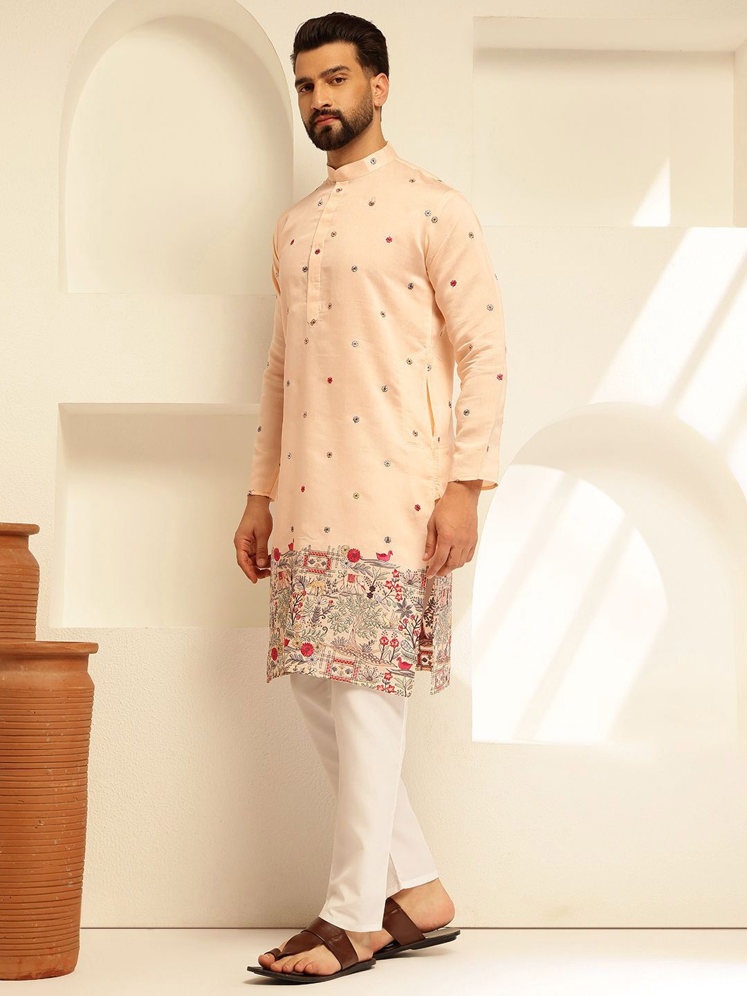 SOJANYA Floral Embroidered Mandarin Collar Thread Work Cotton Silk Straight Kurta