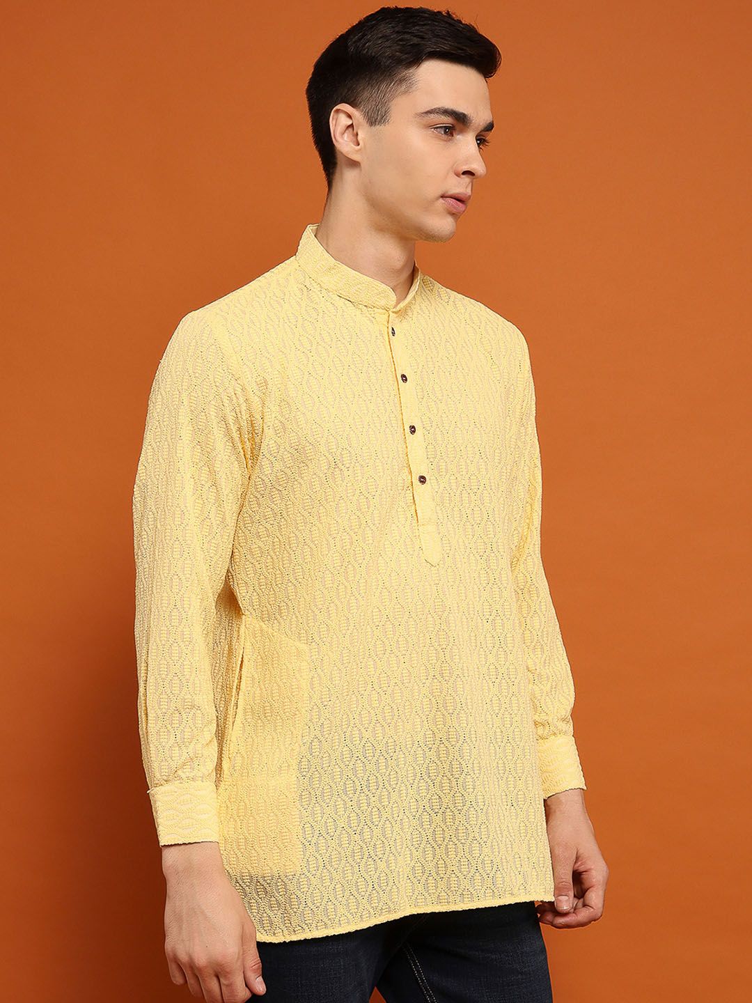 House of Chikankari Men Yellow Cotton Chikankari Embroidered Kurta