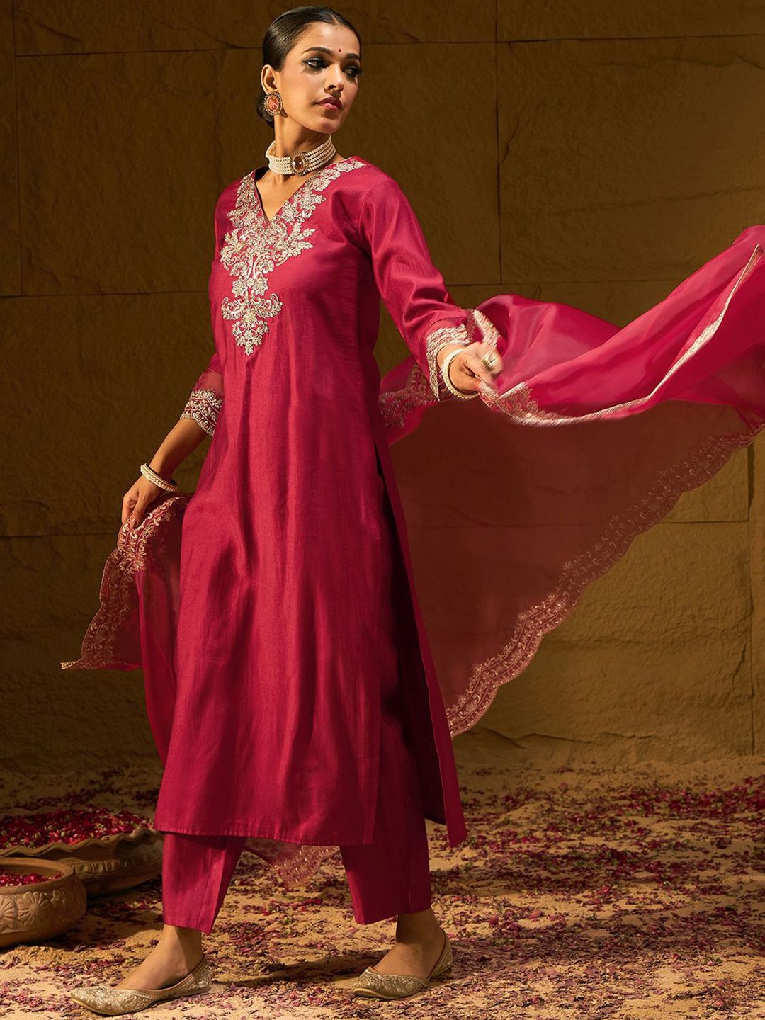 Indo Era Ethnic Motifs Embroidered Thread Work Liva Straight Kurta With Trousers & Dupatta