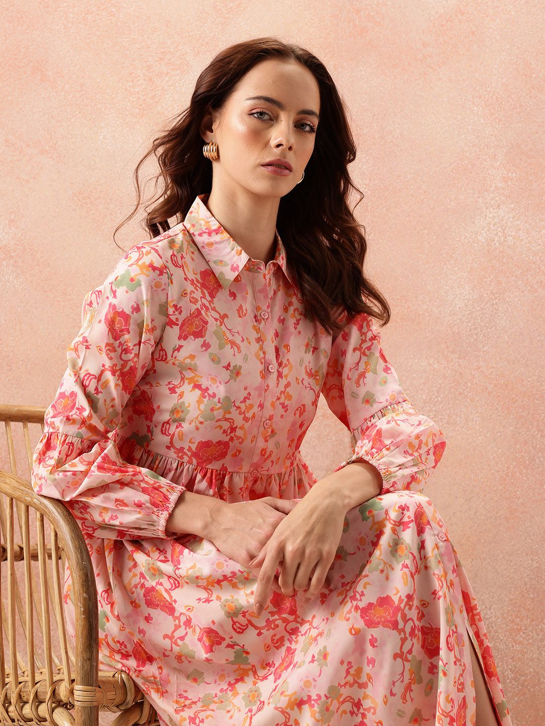 all about you Floral Print Puff Sleeve Shirt Midi Dress