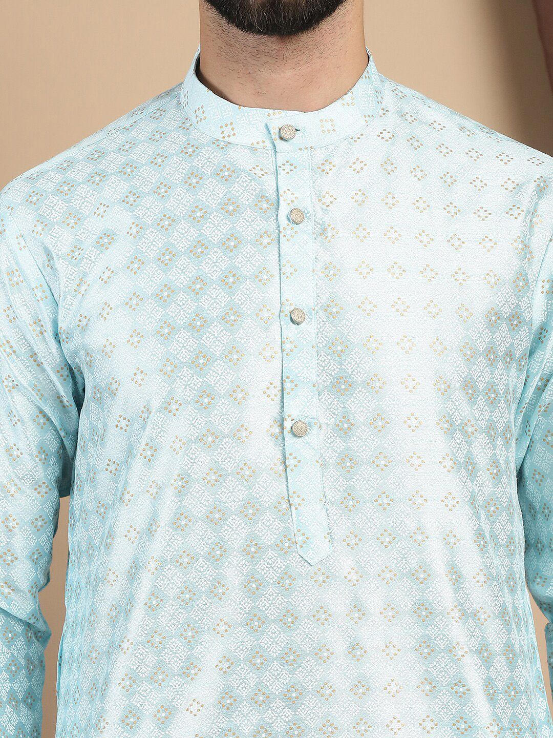 Anouk Turquoise Blue Ethnic Motifs Woven Design Mandarin Collar Kurta