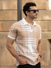 Powerlook Men Beige & White Checked Polo Collar T-shirt