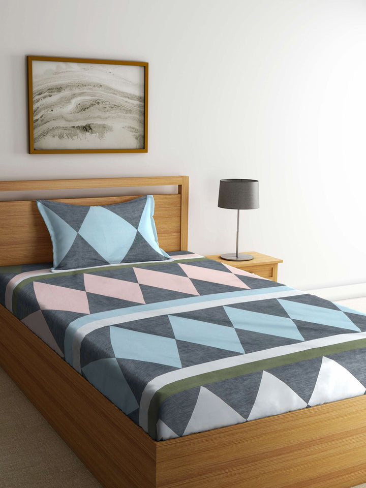 Myntra Elegant Homes Blue & Peach Printed 300 TC Single Bedsheet Set 2.25 m x 1.5 m